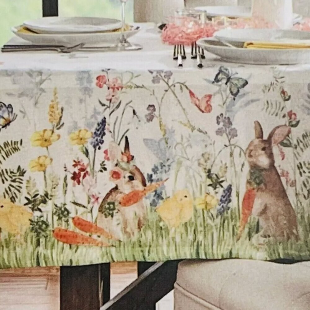 Nicole Miller Easter Bunny Chicks Tablecloth 60x84 Flowers Garden Butterflies